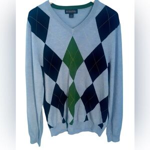Brooks Brothers Blue Argyle Italian Merino Wool V-Neck Sweater Size L